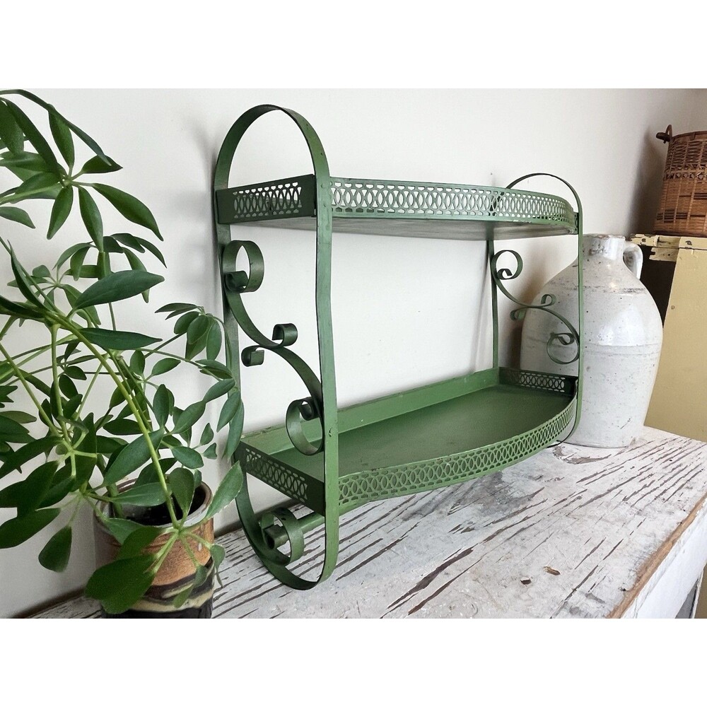 Vintage Green 2 Tier Metal Bathroom Wall Shelf w/Towel Bar 14”x17” Cottage Boho